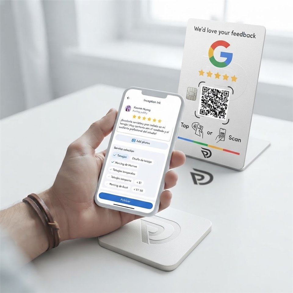 Tarjeta NFC de Google Reviews junto a un móvil